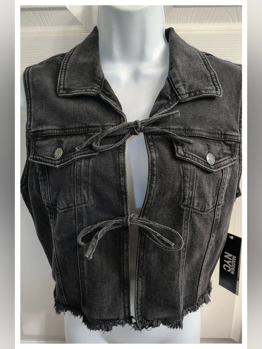 Madden NYC 'Trucker Vest' Distressed Black Denim - Junior Medium (8-10) *NWT*